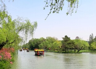 河畔游船赏景的惬意风光