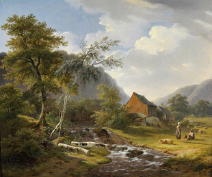 田园溪边小屋风景画