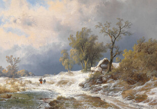 冬日乡村雪景油画场景