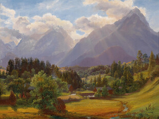 山间田园风景油画