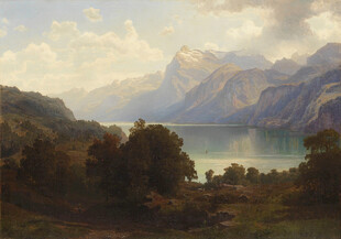 湖畔山峦油画风景
