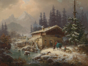 雪中山间小屋风景