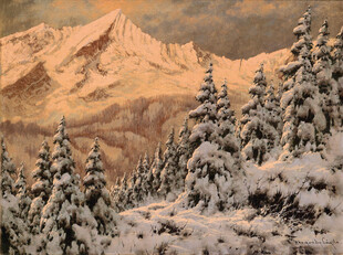 雪覆山林间的壮丽山景