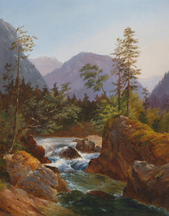山间溪流风景油画