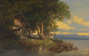 湖畔小屋黄昏美景