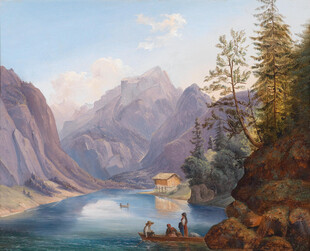 山间湖畔风景油画