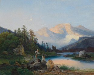 山间湖畔风景油画