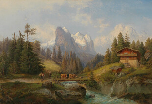 山间木屋溪流风景油画