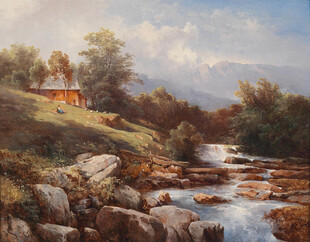 溪边小屋风景油画