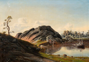 湖畔山丘风景油画