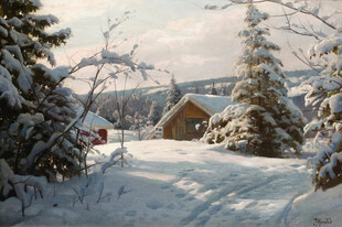 冬日雪中小屋静谧景象