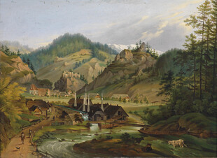 山间溪流风景油画