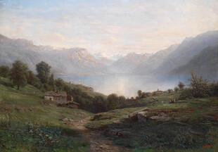 山间湖畔风景油画