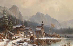冬日湖畔雪景小屋风景