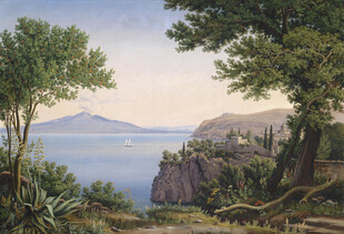 湖畔山林风景油画