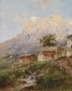 山间村落风景油画
