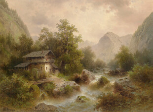 山间溪边小屋风景图