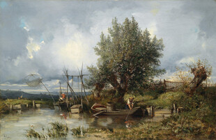 河畔风景油画
