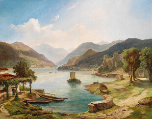 湖畔山水风景油画场景