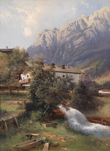 山间村落风景油画