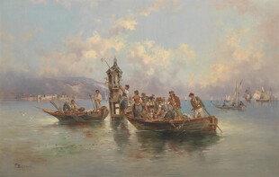 海上船只与人物场景画
