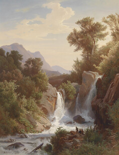 山间瀑布风景油画