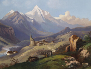 山间村落风景油画