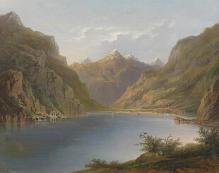 山间湖泊风景油画