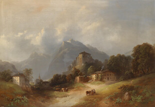 山间村落风景油画