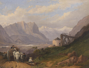山间村落风景油画