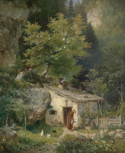 林间小屋前的人物风景