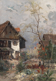 乡村风景油画中的宁静小屋