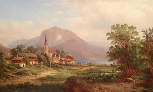 山间村落风景油画