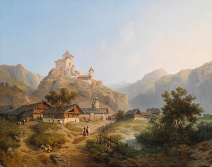 山间村落风景油画