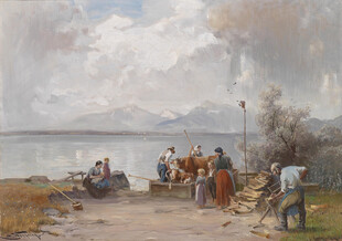 海边人群活动风景油画