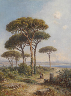 乡村松树林风景油画