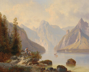 山水湖畔油画风景