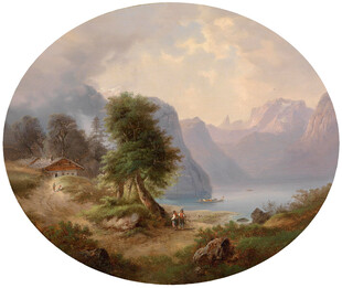 湖畔山林风景油画