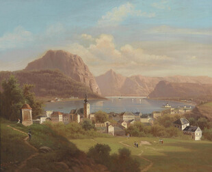 湖畔山村风景油画