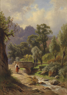 乡村溪边风景油画
