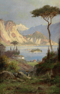 山间湖畔风景油画
