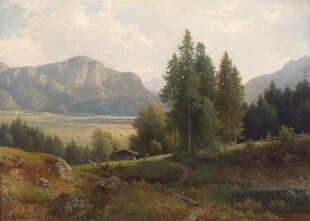 山间松林风景油画