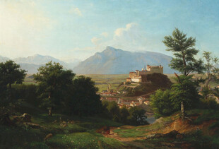 山间村落风景油画