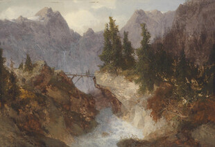 山间溪流风景油画