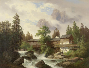 山间溪流旁的木屋风景
