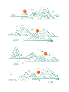 手绘中式山水日出风景图