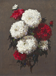 红白花卉静物画
