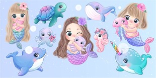 可爱美人鱼与海洋动物摆件