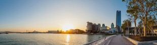 温暖阳光中的港湾全景