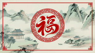 中式山水福字装饰照壁图案